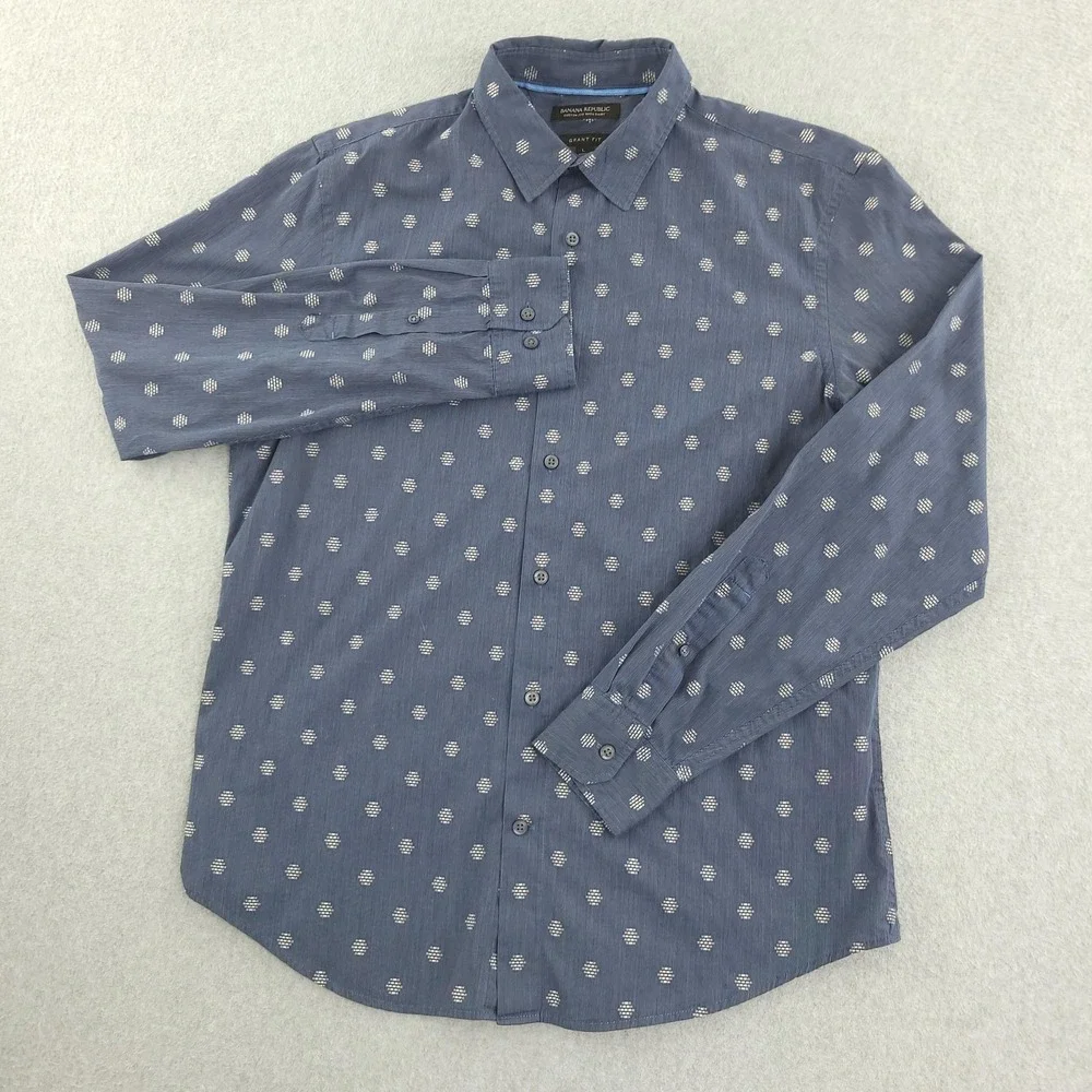 Banana Republic Shirt Mens L Blue Polka Dot Long Sleeve Button Up Grant Fit